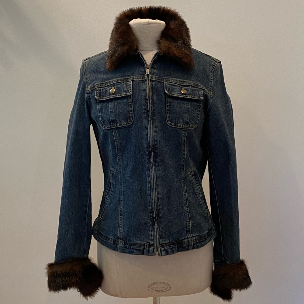 Jones New York Jean Jacket w Removable Faux Brown Mink Collar / Size M